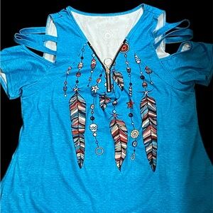 Blue Embellished Cut Out Short Sleeve Tee